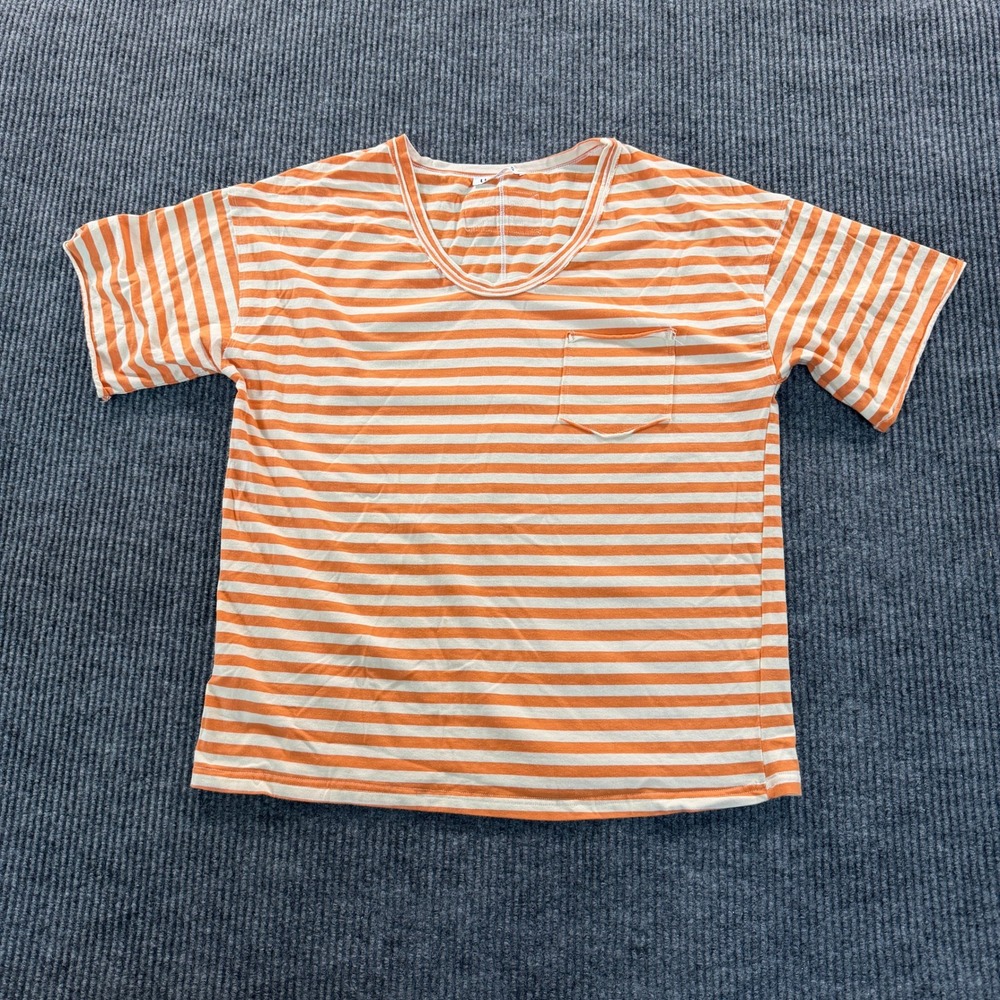 UEU Womens Striped Scoop Neck T Shirt Size S Orange White Pocket Tee Casual Top
